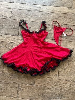 Vintage Y2k Victoria Secret Babydoll Red Black Lace Nightie Slip Matching Thong